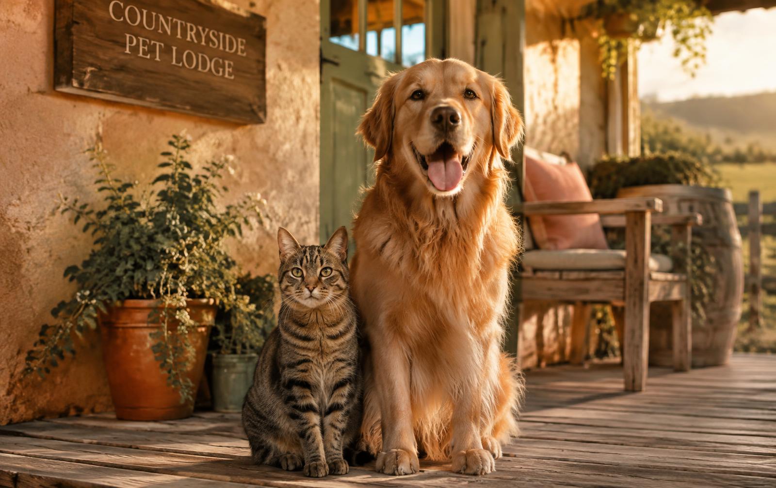 A golden retriever and a tabby cat on a lodge porch